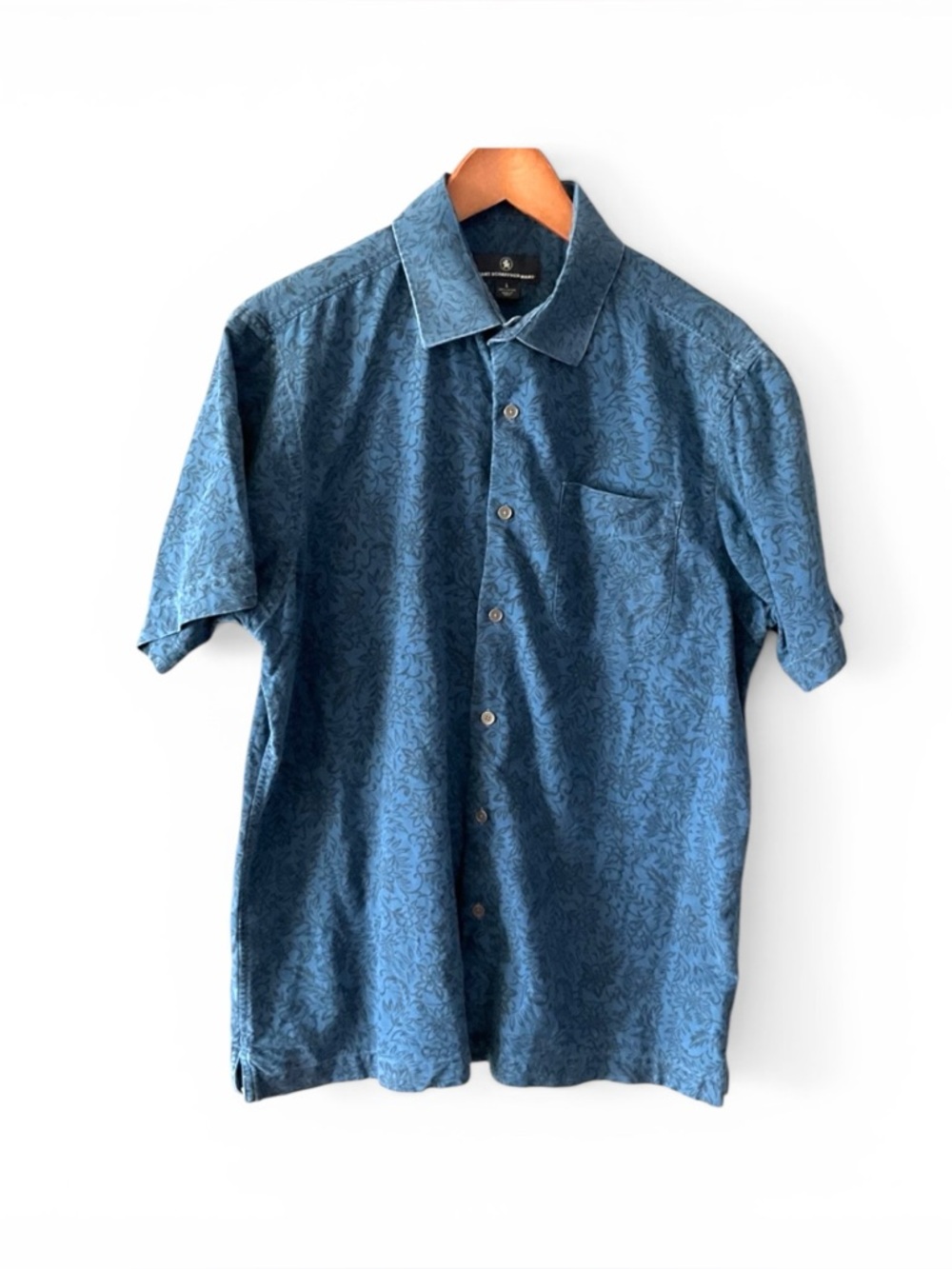 Hart Schaffner Marx Button Down Shirt Blue Tonal Floral Short Sleeve Casual L